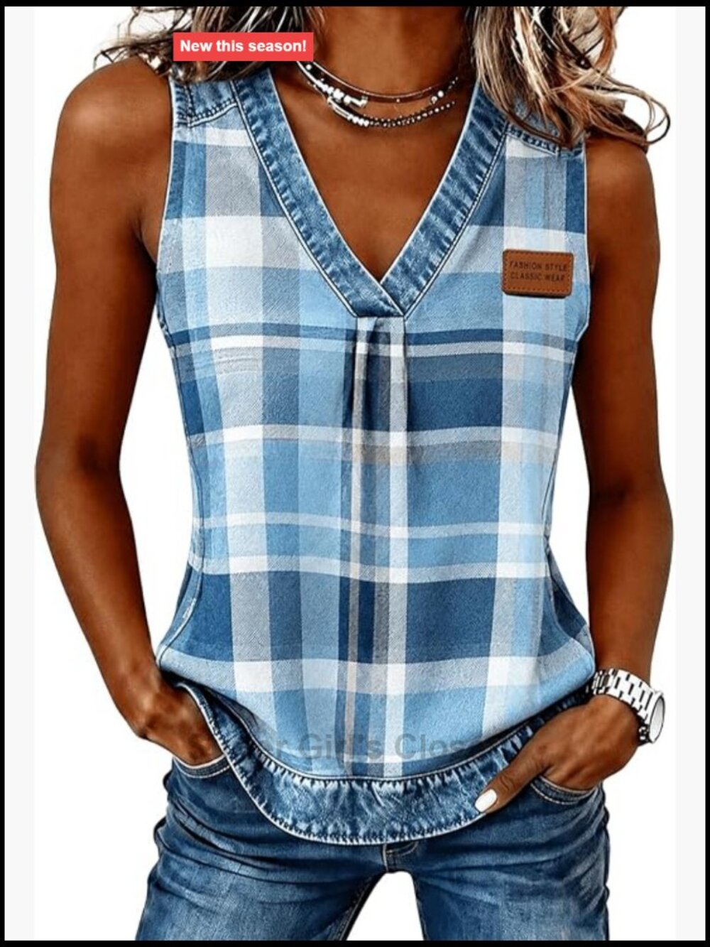 Vintage Plaid Sleeveless Tank Top V-Neck Casual Summer Tunic Blouse